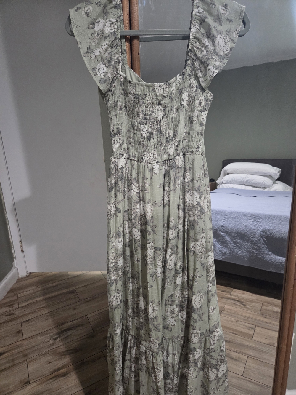 Sage Green Floral Maxi Dress with Ruffled Sleeves